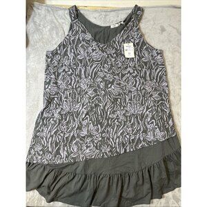 Pure by Ulla Popken Sleeveless Ruffle Hem Dress 28/30 Charcoal Gray Floral Print